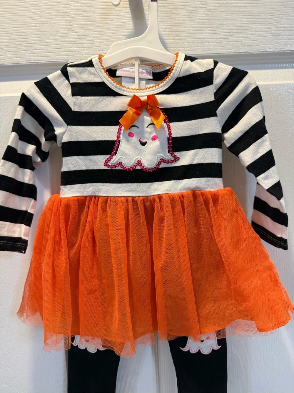 Bonnie Baby Black & White Stripe Ghost Outfit with Orange Tulle Skirt
